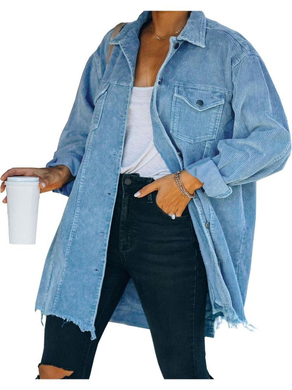 〽️Women's Blue Oversized Corduroy Shacket Button Down Shirt Jacket